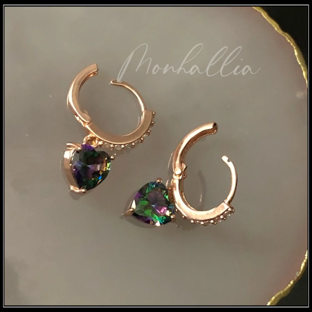 NEW 925 ROSE GOLD SIMULATED MYSTIC TOPAZ DIAMOND HEART HUGGIE EARRINGS - Picture 4 of 6